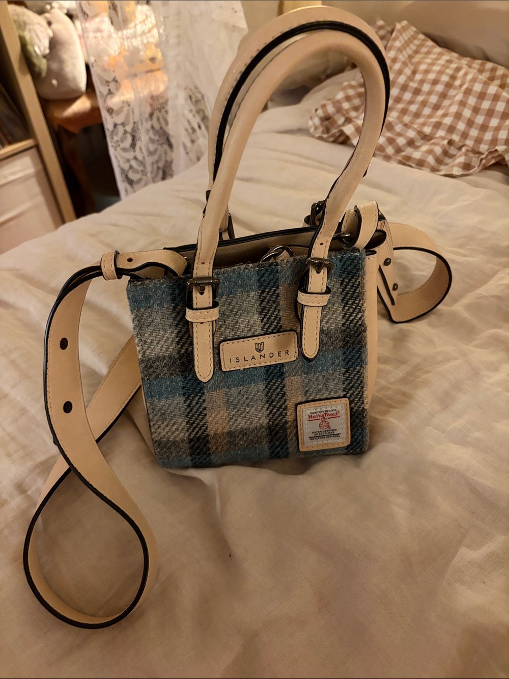 Islander Blue Plaid Mini Tote with Cream Leather Trim